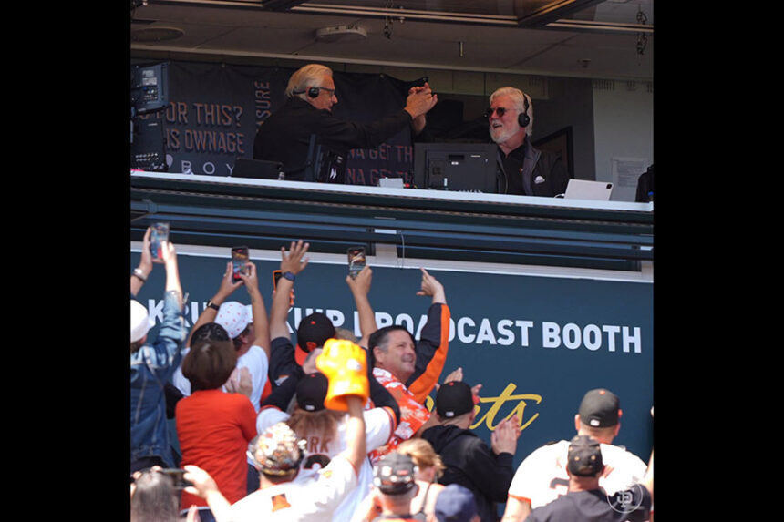 Legendary San Francisco Giants broadcasters Duane Kuiper (left) and Mike Krukow celebrate the renaming of the Giants' broadcast booth in their honor during Krukow's last game. | Courtesy