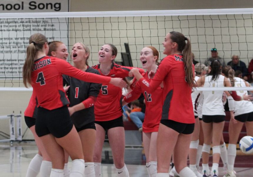 Madison players celebrate a point during Tuesday's match at Rigby. | Allan Steele, EastIdahoSports.com.