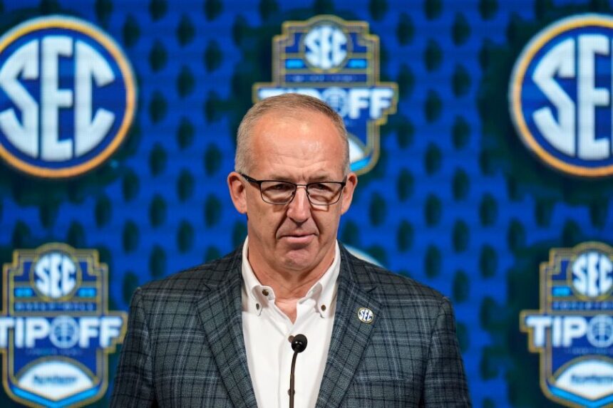 FILE - Greg Sankey, commissioner of the Southeastern Conference, speaks during NCAA college basketball women's SEC Media Day, Oct. 16, 2024, in Birmingham, Ala. (AP Photo/Mike Stewart, File)