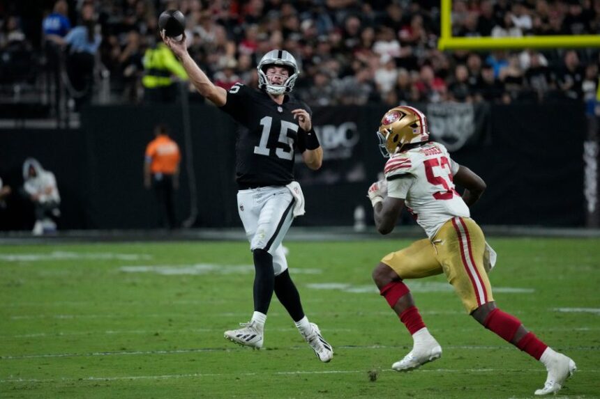 Las Vegas Raiders quarterback Fernando Mendoza (15) throws under pressure from San Francisco 49ers linebacker Jaden Dugger (53) during the second half of an NFL preseason football game, Thursday, Aug. 27, 2026, in Las Vegas. (AP Photo/John Locher)