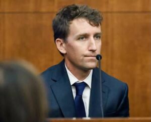 Patrick Clancy is questioned on the witness stand on the first day of trial for his ex-wife, Lindsay Clancy, on Monday, July 27, 2026, at the Plymouth Superior Court in Plymouth, Mass. Lindsay Clancy is charged with killing her and Patrick's three children – Cora, Dawson and Callan – in their Duxbury home in January 2023.
