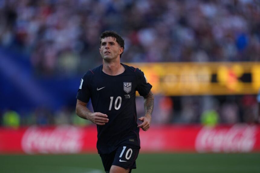 FILE - United States' Christian Pulisic plays during the World Cup round of 16 soccer match between the United States and Belgium in Seattle, July 6, 2026. (AP Photo/Abbie Parr, File)