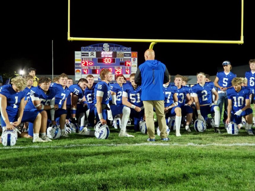 Sugar-Salem coach Tyler Richins talks to his team after the Diggers defeated Star Valley (Wy) on Friday. | Allan Steele, EastIdahoSports.com