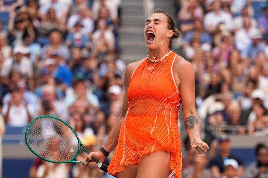Aryna Sabalenka, of Belarus, celebrates winning a match against Linda Noskova, of the Czech Republic, during the quarterfinal round of the U.S. Open tennis championships, Tuesday, Sept. 8, 2026, in New York. (AP Photo/Seth Wenig)