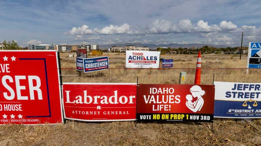 An election sign opposing Idaho’s Prop 1 stands in a cluster of other political signs at the intersection of Eagle and Overland roads in Meridian. The amount of money flowing into the Prop 1 race is pushing Idaho’s campaign finance laws to the limit, Idaho Secretary of State Phil McGrane said. | Courtesy Sarah A. Miller / Idaho Statesman