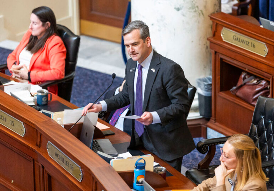 In this file photo, Rep. Todd Achilles speaks from the House floor on the morning of March 10, 2025, at the Idaho Capitol Building in Boise. | Pat Sutphin, Idaho Capital Sun
