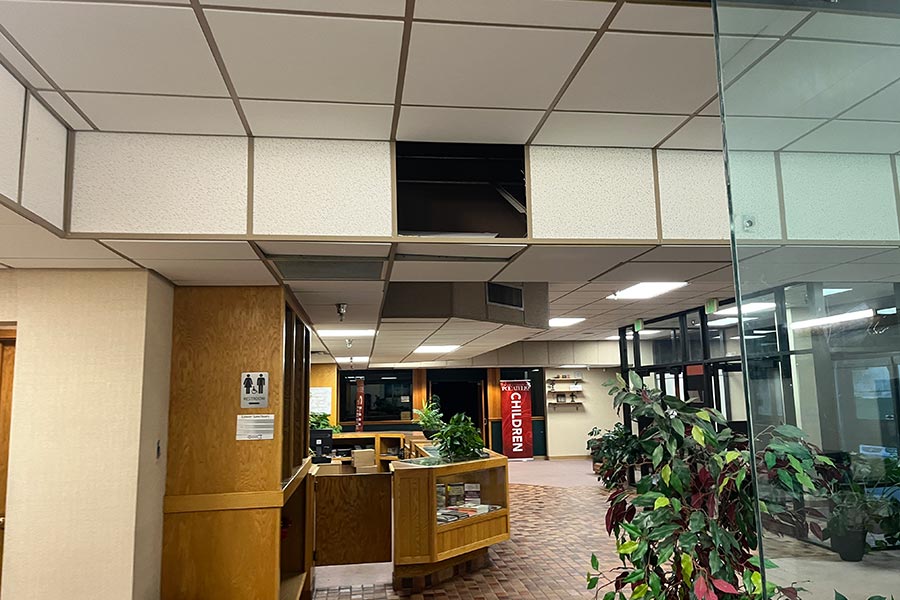 A missing ceiling panel.