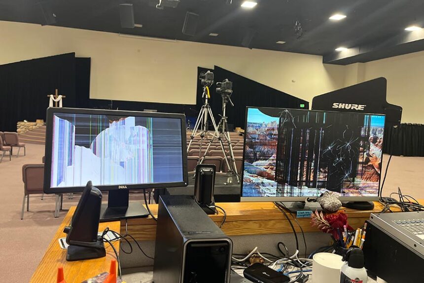 Two monitors broken in an incident at Calvary Chapel on Monday.