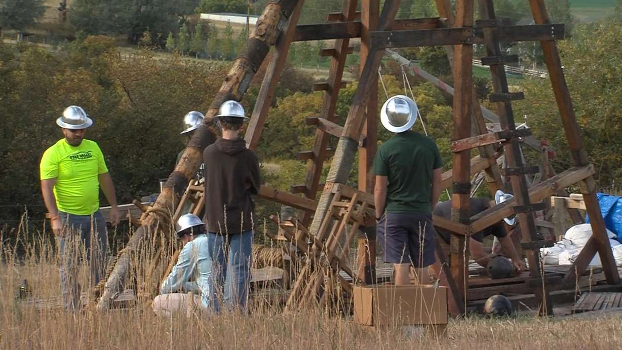 A former Utah State University student and a group of history buffs gathered at a Cache Valley farm on Saturday to launch a homemade trebuchet built using medieval techniques. (Photo: Brian Champagne, KSL)