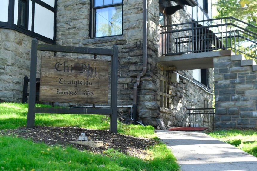 A sign stands outside the Chi Phi fraternity house at Cornell University, Monday, Oct. 5, 2026, in Ithaca, N.Y. | Adrian Kraus, Associated Press