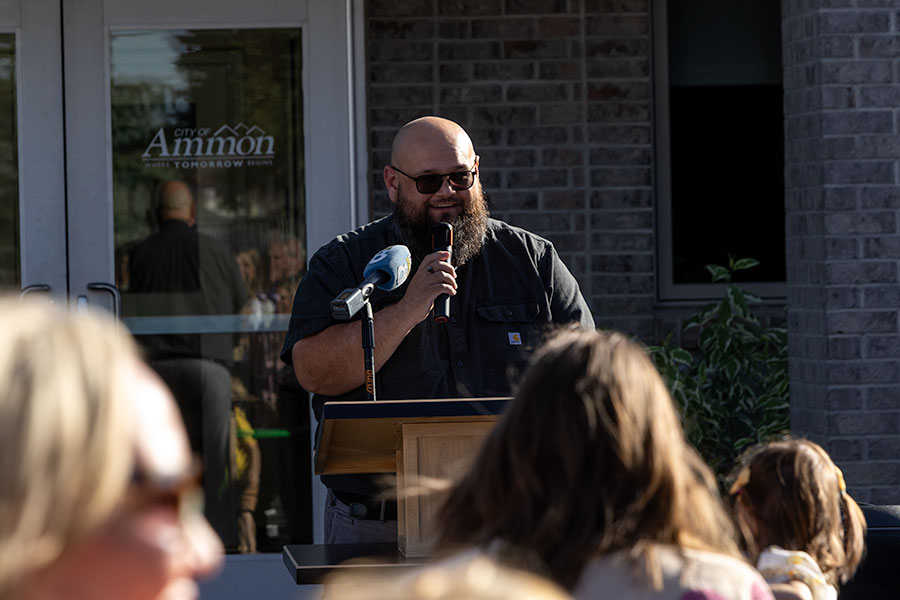 Kade Marquez, Greater Idaho Falls Transit Transportation Coordinator welcoming residents of Ammon and Idaho Falls for Thursday ribbon cutting. | Daniel V. Ramirez, EastIdahoNews.com