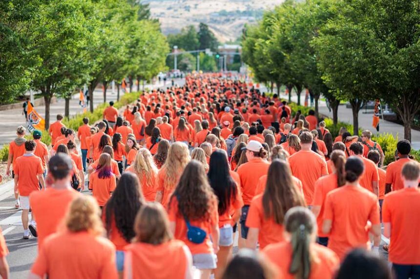 First-year students take part in Idaho State University’s annual March through the Arch ceremony in August. (Idaho State photo)
