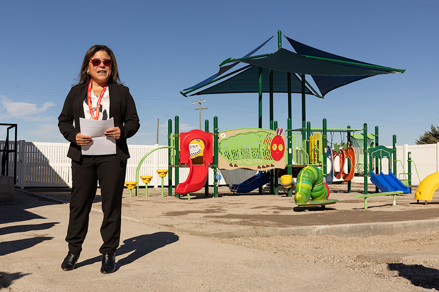 Irma Morin, Cheif Executive Officer for Community Council of Idaho, thanking the faculty of La Estrellita and Idaho Association for the Education of Young Children for making the new playground possible. | Daniel V. Ramirez, EastIdahoNews.com