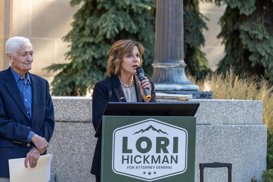 Democratic candidate for Idaho attorney general Lori Hickman speaks at a press conference announcing her endorsements on Oct. 1, 2026. | Kyle Pfannenstiel, Idaho Capital Sun