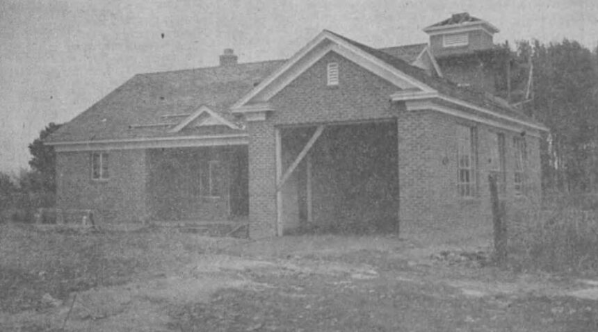 New fire station at Menan. Construction on the new Menan fire station for the Jefferson County Rural Fire Protection District is progressing rapidly with a possibility that it can be occupied in about two weeks. It is the first of three new fire stations to be built in the protection district. Others are to be located at Ririe and Terreton. Caption dated Oct. 28, 1948.
