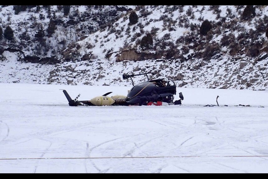 View of remains of the Bell 505 Jet Ranger X that crashed after colliding with a power line. | Courtesy National Safety Transporation Board