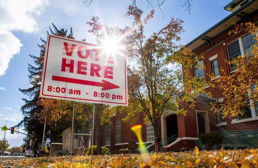 A “Vote Here” sign is on display during the general election on Nov. 5, 2024, at Lowell Elementary School in Boise. (Pat Sutphin for the Idaho Capital Sun)
