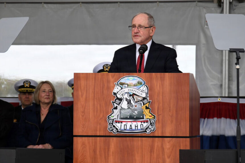 U.S. Sen. Jim Risch, R-Idaho, delivers remarks during the Virginia-class nuclear-powered fast-attack submarine USS Idaho’s commissioning ceremony at Naval Submarine Base New London in Groton, Connecticut, on April 25, 2026. | Chief Mass Communication Specialist Darren M. Moore, U.S. Navy