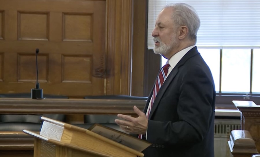 Attorney Howard Cooper speaks during a hearing for his client Patrick Clancy, on Wednesday in a Boston-area courtroom.