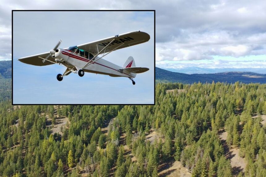 A stock photo of the missing 1976 Piper Cub in front of a photo of the area searched for the missing plane. | WSDOT Flickr