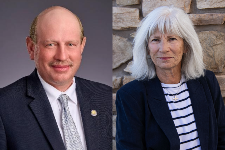 (Left) State Senator Mark Harris, R-Idaho Falls and (right) Democratic Candidate Marty Rotz-Kilhefner | Courtesy Images