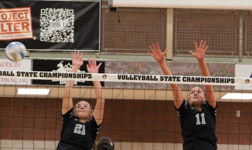 Butte County's Rhiannon Tessmer (21) and Taylee Roberts go for a block during Friday's match against Murtaugh. | Allan Steele, EastIdahoSports.com.