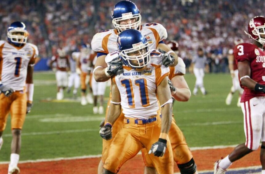 Boise State wide receiver Drisan James celebrates one of his two touchdowns in the 2007 Fiesta Bowl. Chris Butler