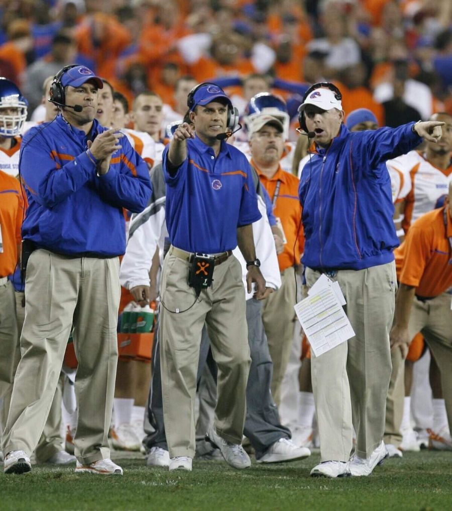 The Boise State coaching staff in the final moments of regulation against Oklahoma in the 2007 Fiesta Bowl. Joe Jaszewski