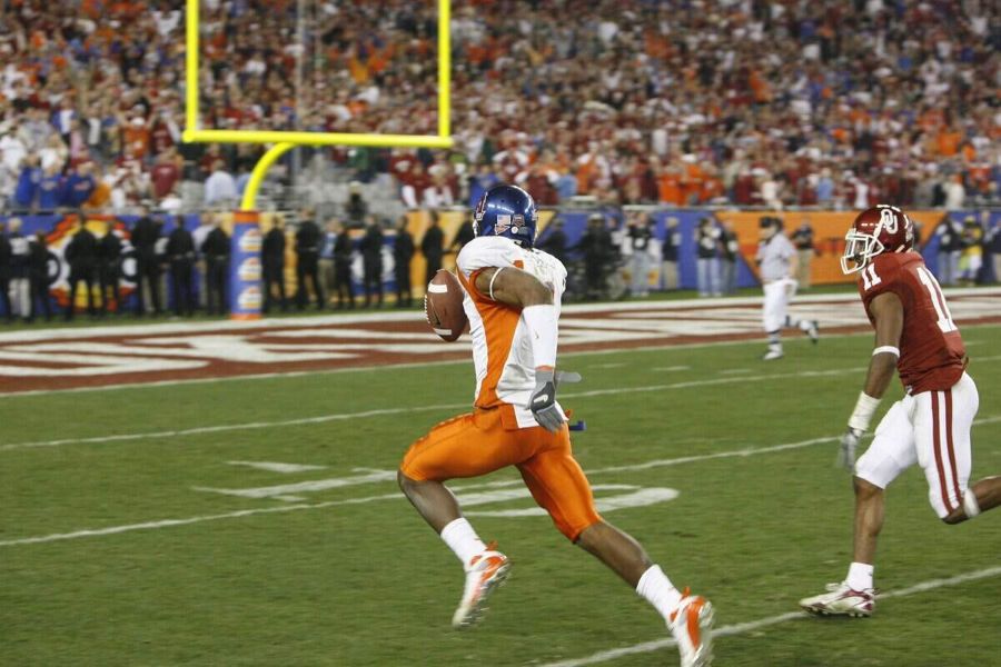 Boise State wide receiver Jerard Rabb ignores the final pitch to take the ball into the end zone himself in the 2007 Fiesta Bowl. Joe Jaszewski