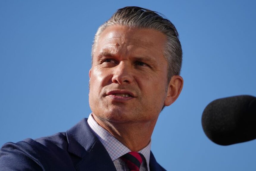 Defense Secretary Pete Hegseth speaks at an event for Anduril Industries, Inc., at Sparrows Point Shipyard in Sparrows Point, Md., on Monday, Oct. 6, 2026.