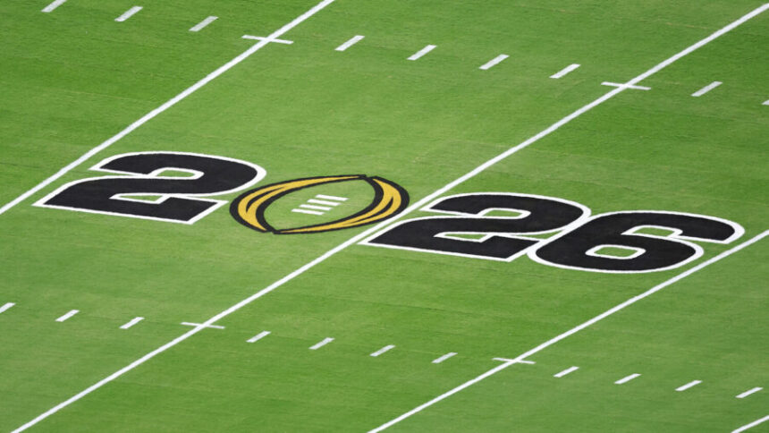 MIAMI GARDENS, FLORIDA - JANUARY 19: A general view of signage on the field prior to the game between the Miami Hurricanes and the Indiana Hoosiers in the 2026 College Football Playoff National Championship at Hard Rock Stadium on January 19, 2026 in Miami Gardens, Florida. (Photo by Ishika Samant/Getty Images)