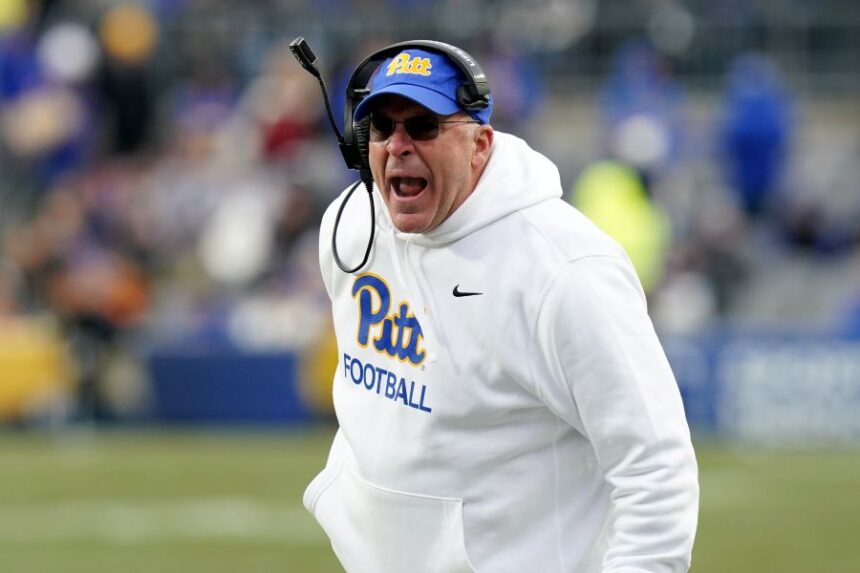 FILE - Pittsburgh head coach Pat Narduzzi argues a call during the second half of an NCAA college football game against Miami, Nov. 29, 2025, in Pittsburgh. (AP Photo/Matt Freed, File)