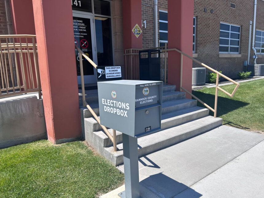 A ballot dropbox in front of the Bannock County Elections Office in Pocatello warns passersby that the box is under 24-hour video surveillance. (Photo by Christina Lords/Idaho Capital Sun)