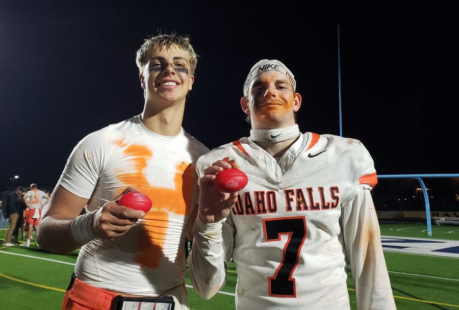 Idaho Falls Will Thompson (left) and Gabe Leavitt earn the coveted East Idaho Sports game balls after helping lead the Tiger to an Emotion Bowl win. | Allan Steele, EastIdahoSports.com.