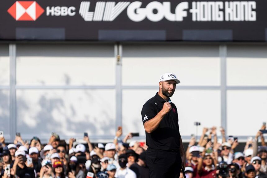 FILE - Captain Jon Rahm of Legion XIII celebrates after putting on the 18th hole green during the final round of HSBC LIV Golf Hong Kong at Hong Kong Golf Club Fanling, Sunday, March 8, 2026 in Hong Kong. (Mike Stobe/LIV Golf via AP, File)