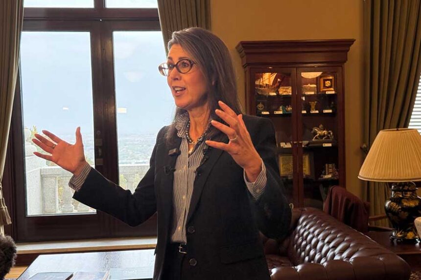 Utah Lt. Gov. Deidre Henderson speaks to reporters at the Utah State Capitol on Oct. 22, 2026 | Courtesy Alixel Cabrera/Utah News Dispatch