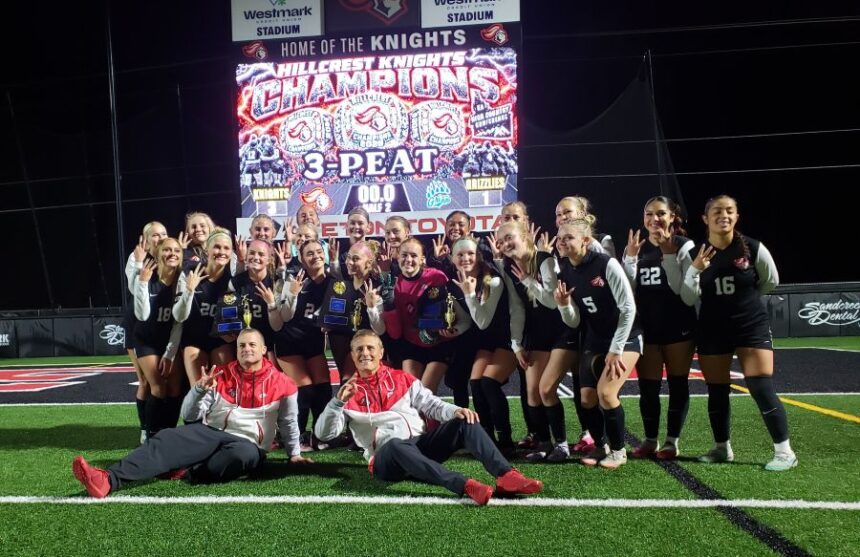 The Hillcrest girls soccer team celebrates its third consecutive district tournament title. | Allan Steele, EastIdahoSports.com.