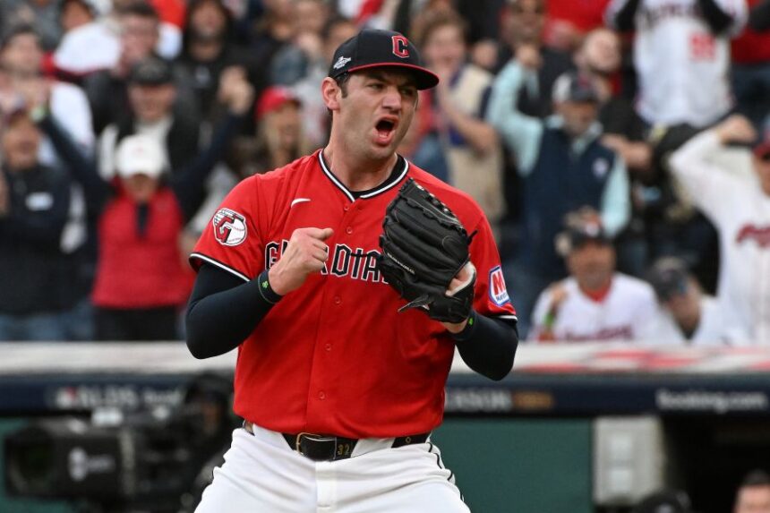 Cleveland Guardians starting pitcher Gavin Williams celebrates after completing the top of the fourth inning of Game 2 of baseball's American League Division Series against the Chicago White Sox, Monday, Oct. 5, 2026, in Cleveland. (AP Photo/Phil Long)
