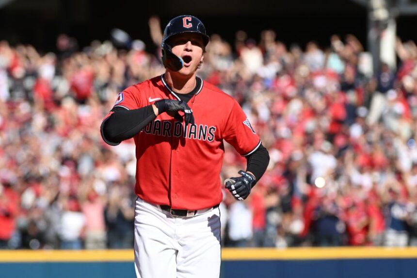 Cleveland Guardians' Petey Halpin celebrates after hitting a two-run home run during the fifth inning in Game 3 against the Tampa Bay Rays in baseball's American League Championship Series in Cleveland, Thursday, Oct. 15, 2026. (AP Photo/Phil Long)