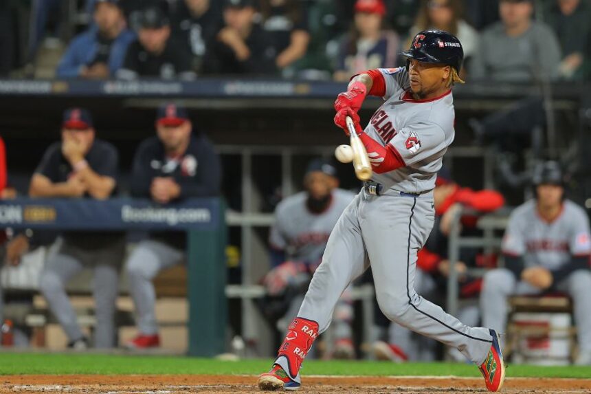 Cleveland Guardians' Jose Ramirez hits a 2-run home run during the fifth inning in Game 4 of baseball's American League Division Series against the Chicago White Sox, Thursday, Oct. 8, 2026, in Chicago. (AP Photo/Melissa Tamez)