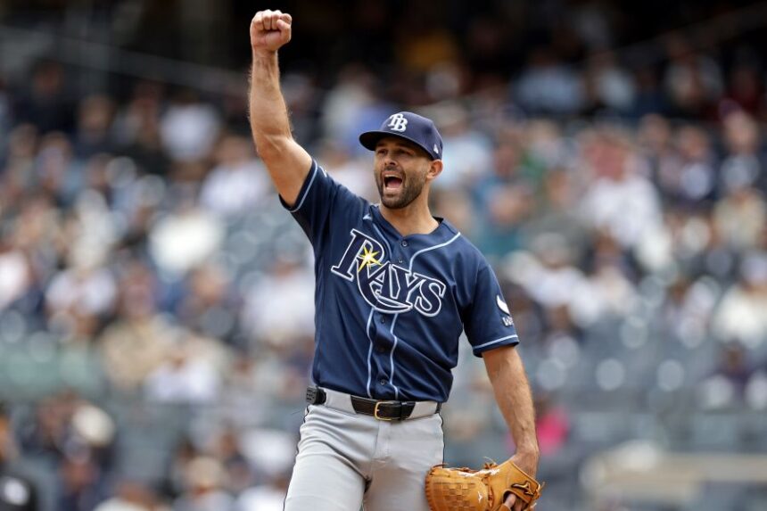 Tampa Bay Rays starting pitcher Nick Martinez reacts in the fifth inning during the first baseball game of a doubleheader against the New York Yankees, Tuesday, Sept. 22, 2026, in New York. (AP Photo/Adam Hunger)