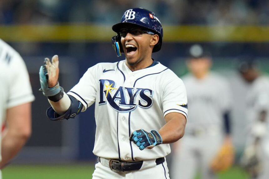Tampa Bay Rays' Richie Palacios celebrates after hitting a two-run single during the fifth inning in Game 2 of an American League Division Series baseball game against the New York Yankees Monday, Oct. 5, 2026, in St. Petersburg, Fla. (AP Photo/Chris O'Meara)