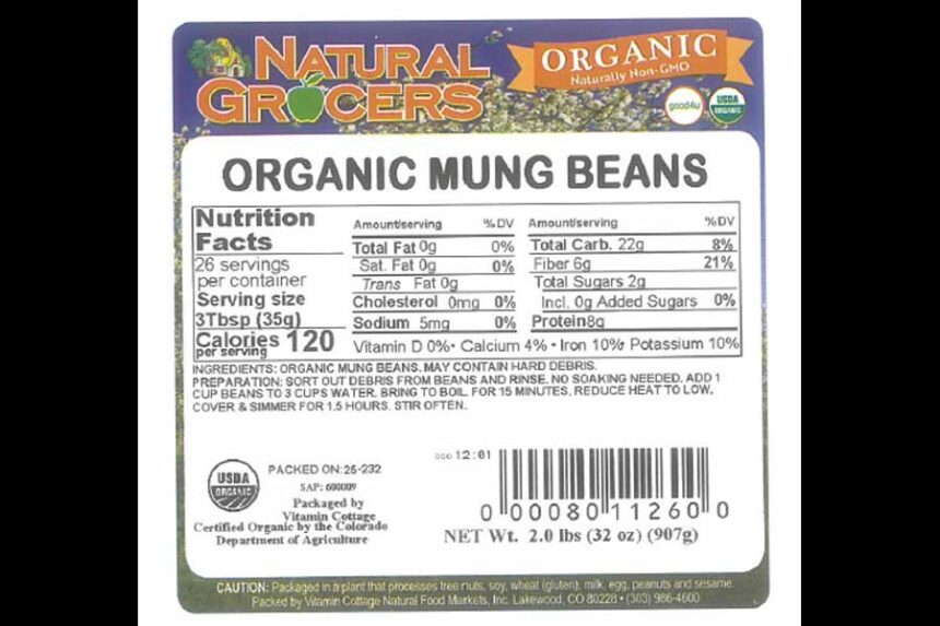 Natural Grocers store brand mung beans were recalled for possibly containing glass. | Courtesy U.S. Food and Drug Administration