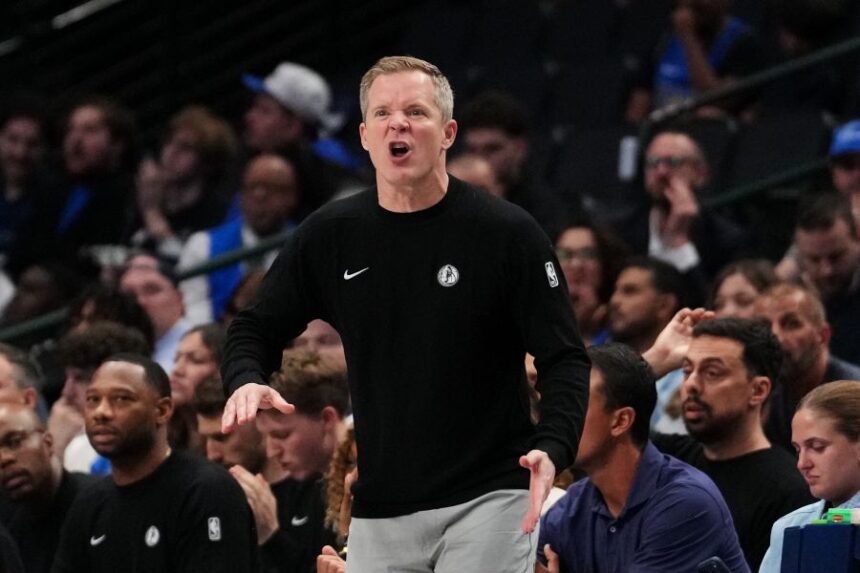 Dallas Mavericks head coach Dusty May instructs his team during the second half of a preseason NBA basketball game against the New Orleans Pelicans in Dallas, Wednesday, Oct. 14, 2026. (AP Photo/Tony Gutierrez)