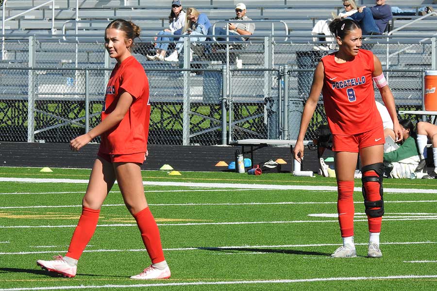 Pocatello girls soccer Xavi Griggs (left) and Aryanna Gonzalez