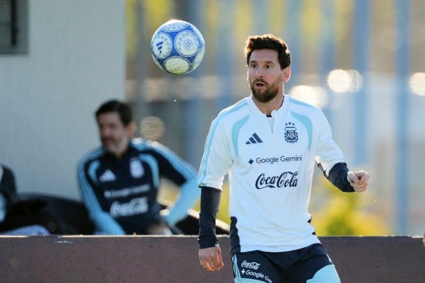 Argentina's Lionel Messi trains for his final game with the national team, an international friendly soccer match against Benin, in Buenos Aires, Argentina, Monday, Oct. 5, 2026. (AP Photo/Gustavo Garello)