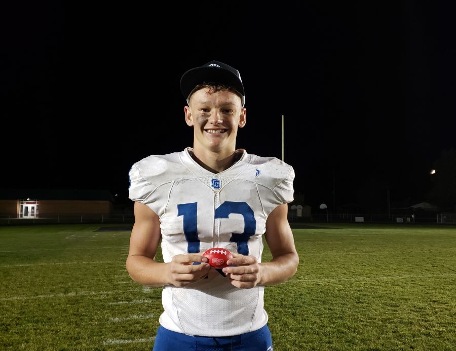 Sugar-Salem's Boston Nead wins the coveted East Idaho Sports game ball after catching a pair of TDs, and also bolstering the defensive line that was instrumental in Friday's win over South Fremont. | Allan Steele, EastIdahoSports.com.