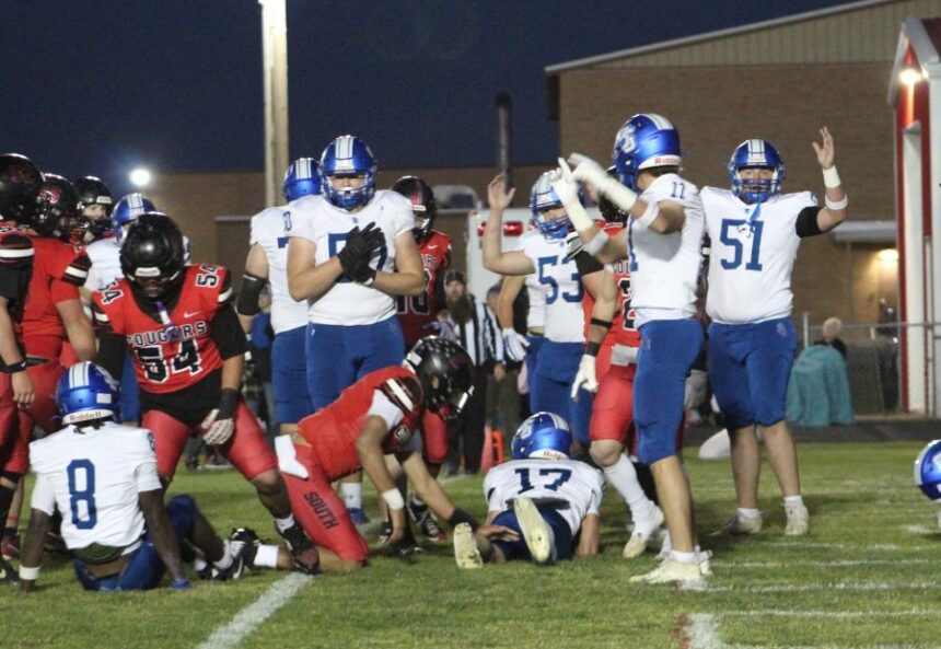 Sugar-Salem celebrates a rushing touchdown by Walt Fillmore in Friday's game against South Fremont. | Allan Steele, EastIdahoSports.com.