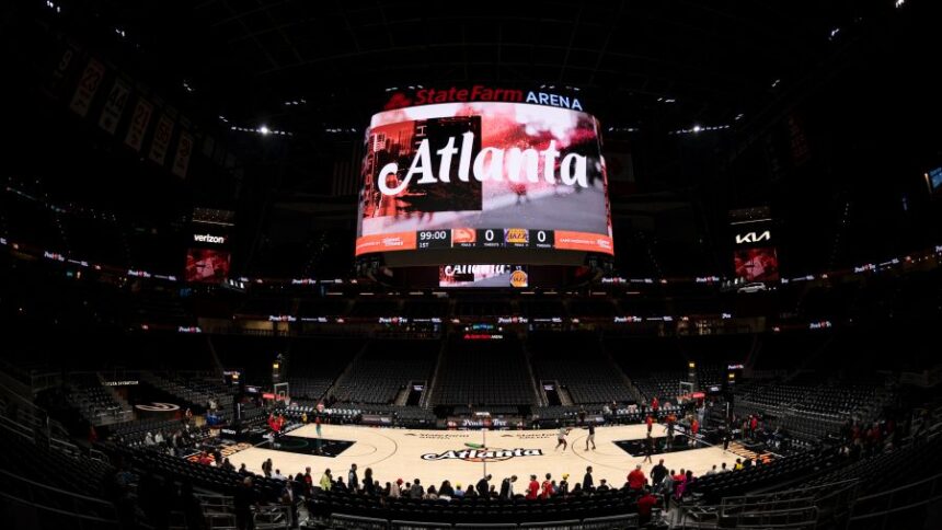 FILE - State Farm Arena is viewed before an NBA basketball game between the Atlanta Hawks and the Los Angeles Lakers, Dec. 30, 2022, in Atlanta. (AP Photo/Hakim Wright Sr., File)