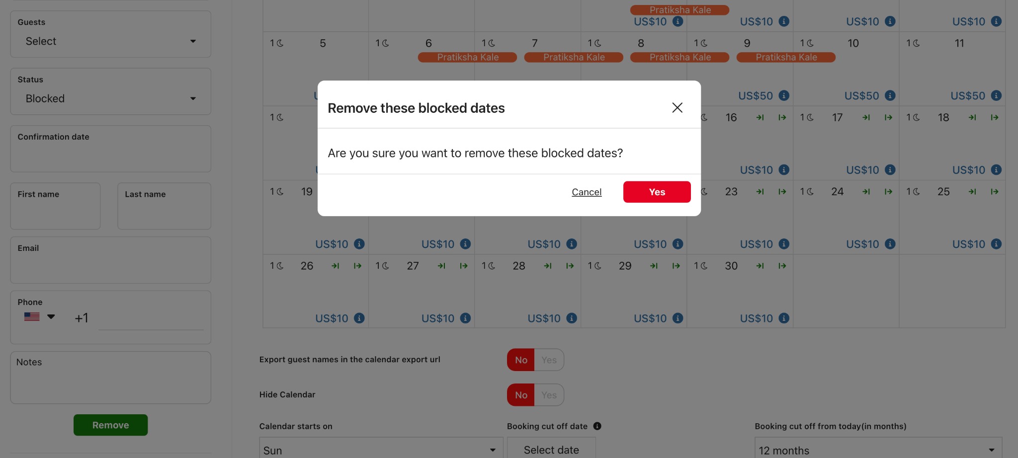 Remove blocked dates or added booking from calendar